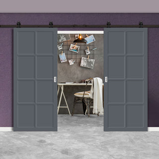 Image: Top Mounted Black Sliding Track & Solid Wood Double Doors - Eco-Urban® Perth 8 Panel Doors DD6318 - Stormy Grey Premium Primed