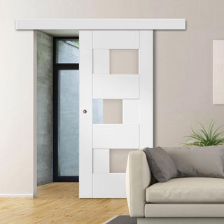 Image: Single Sliding Door & Wall Track - Perugia White Panel Door - Clear Glass - Prefinished
