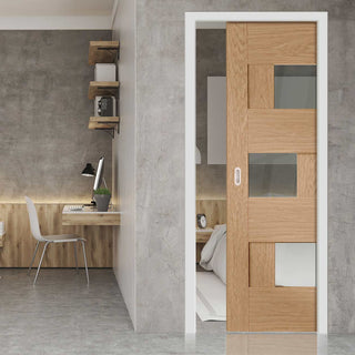 Image: Perugia Oak Panel Single Evokit Pocket Door - Clear Glass - Prefinished