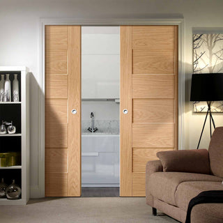 Image: Perugia Oak Panel Double Evokit Pocket Doors - Prefinished