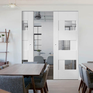 Image: Perugia White Panel Absolute Evokit Double Pocket Door - Clear Glass - Prefinished