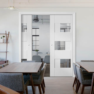 Image: Perugia White Panel Double Evokit Pocket Doors - Clear Glass - Prefinished