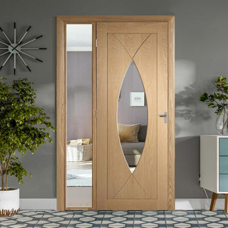 Image: ThruEasi Oak Room Divider - Pesaro Clear Glass Unfinished Door with Full Glass Side