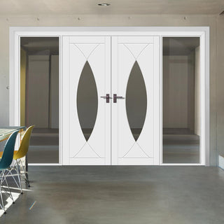 Image: ThruEasi White Room Divider - Pesaro Clear Glass Primed Door Pair with Full Glass Sides