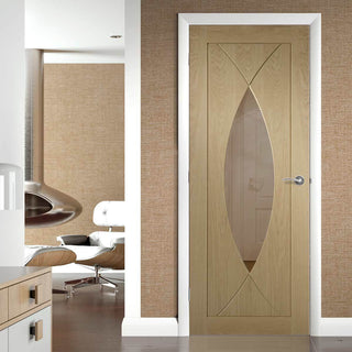 Image: Prefinished Pesaro Oak Fire Door - Clear Glass - Choose Your Colour