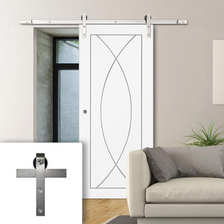 Image: Single Sliding Door & Stainless Steel Barn Track - Pesaro Flush Door - White Primed