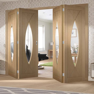Image: Bespoke Thrufold Pesaro Oak Glazed Folding 2+2 Door - Prefinished