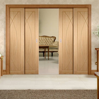 Image: Pesaro Oak Veneer Staffetta Quad Telescopic Pocket Doors - Prefinished