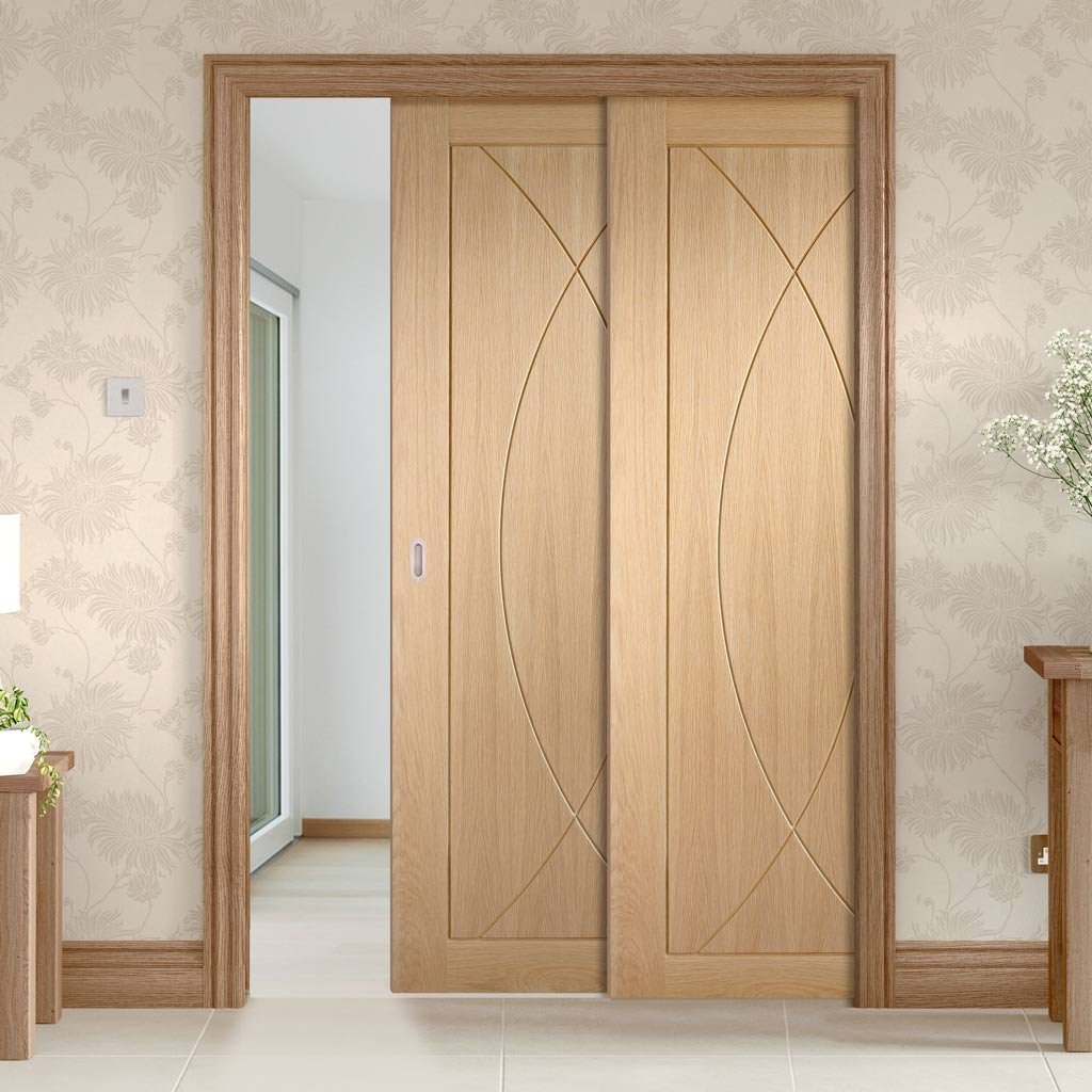 Pesaro Oak Veneer Staffetta Twin Telescopic Pocket Doors - Prefinished