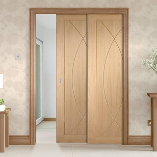 Image: Pesaro Oak Veneer Staffetta Twin Telescopic Pocket Doors - Prefinished