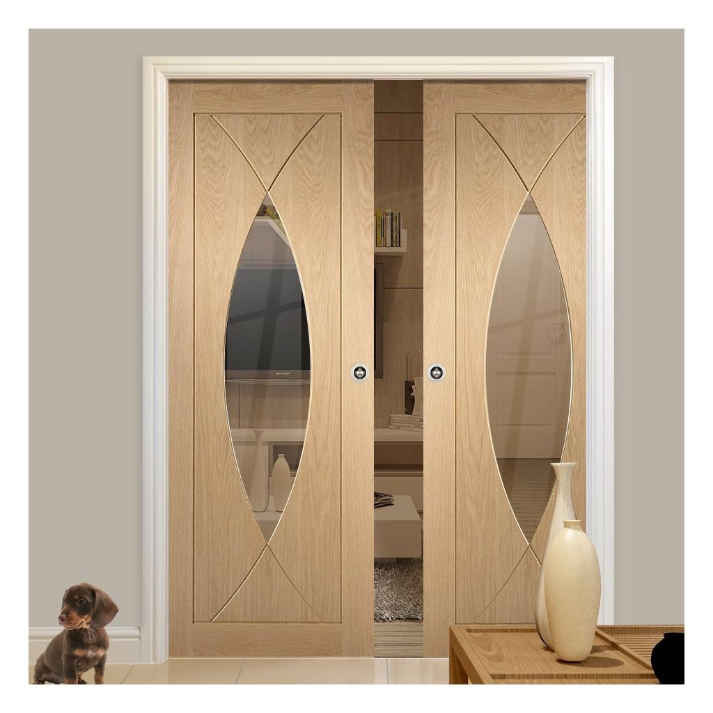 Pesaro Oak Double Evokit Pocket Doors - Clear Glass