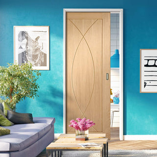 Image: Bespoke Pesaro Oak Flush Single Pocket Door - Prefinished