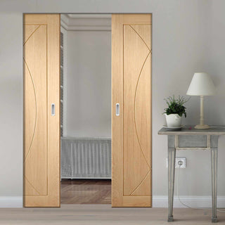 Image: Pesaro Oak Flush Panel Absolute Evokit Double Pocket Door - Prefinished