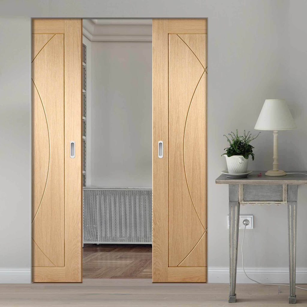 Bespoke Pesaro Oak Flush Double Frameless Pocket Door - Prefinished