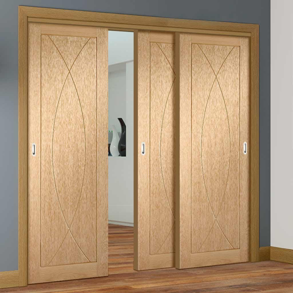 Three Sliding Doors and Frame Kit - Pesaro Oak Flush Door - Unfinished