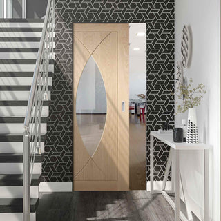 Image: Bespoke Pesaro Oak Glazed Single Frameless Pocket Door - Prefinished