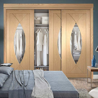 Image: Bespoke Thruslide Pesaro Oak Glazed 3 Door Wardrobe and Frame Kit - Prefinished