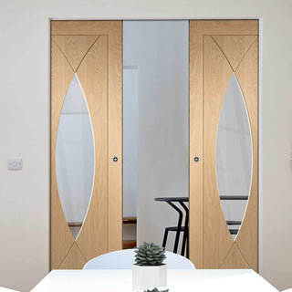 Image: Bespoke Pesaro Oak Glazed Double Frameless Pocket Door - Prefinished