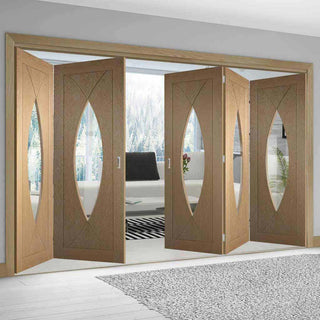Image: Bespoke Thrufold Pesaro Oak Glazed Folding 3+2 Door - Prefinished