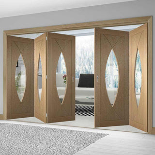 Image: Bespoke Thrufold Pesaro Oak Glazed Folding 3+2 Door