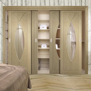 Image: Bespoke Thruslide Pesaro Oak Glazed 4 Door Wardrobe and Frame Kit - Prefinished