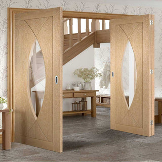 Image: Bespoke Thrufold Pesaro Oak Glazed Folding 2+1 Door - Prefinished