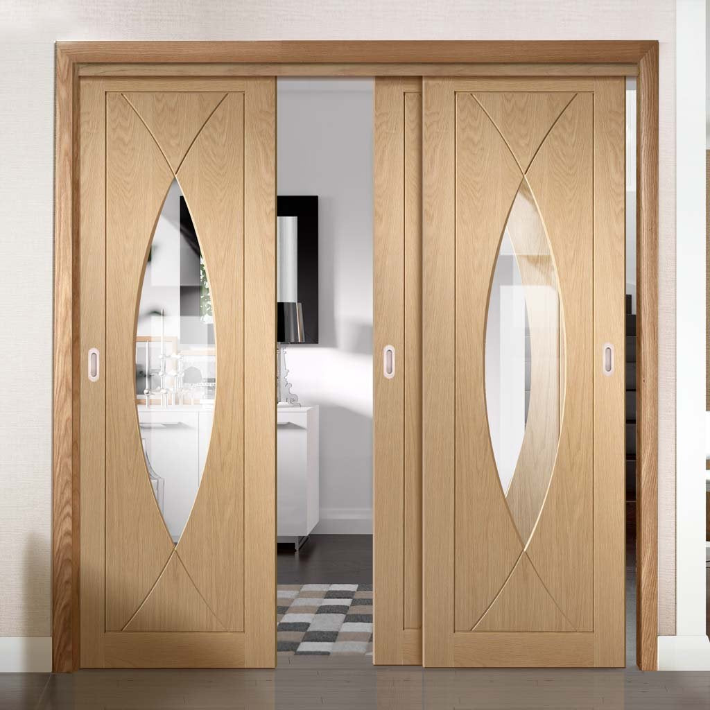 Bespoke Thruslide Pesaro Oak Glazed - 3 Sliding Doors and Frame Kit - Prefinished
