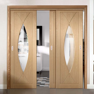 Image: Bespoke Thruslide Pesaro Oak Glazed - 3 Sliding Doors and Frame Kit - Prefinished