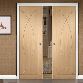 Image: Bespoke Pesaro Oak Flush Double Pocket Door - Prefinished