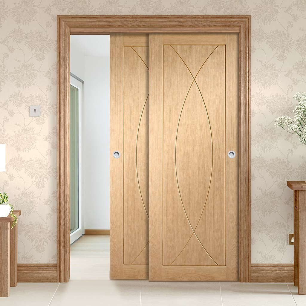 Two Sliding Doors and Frame Kit - Pesaro Oak Flush Door - Prefinished