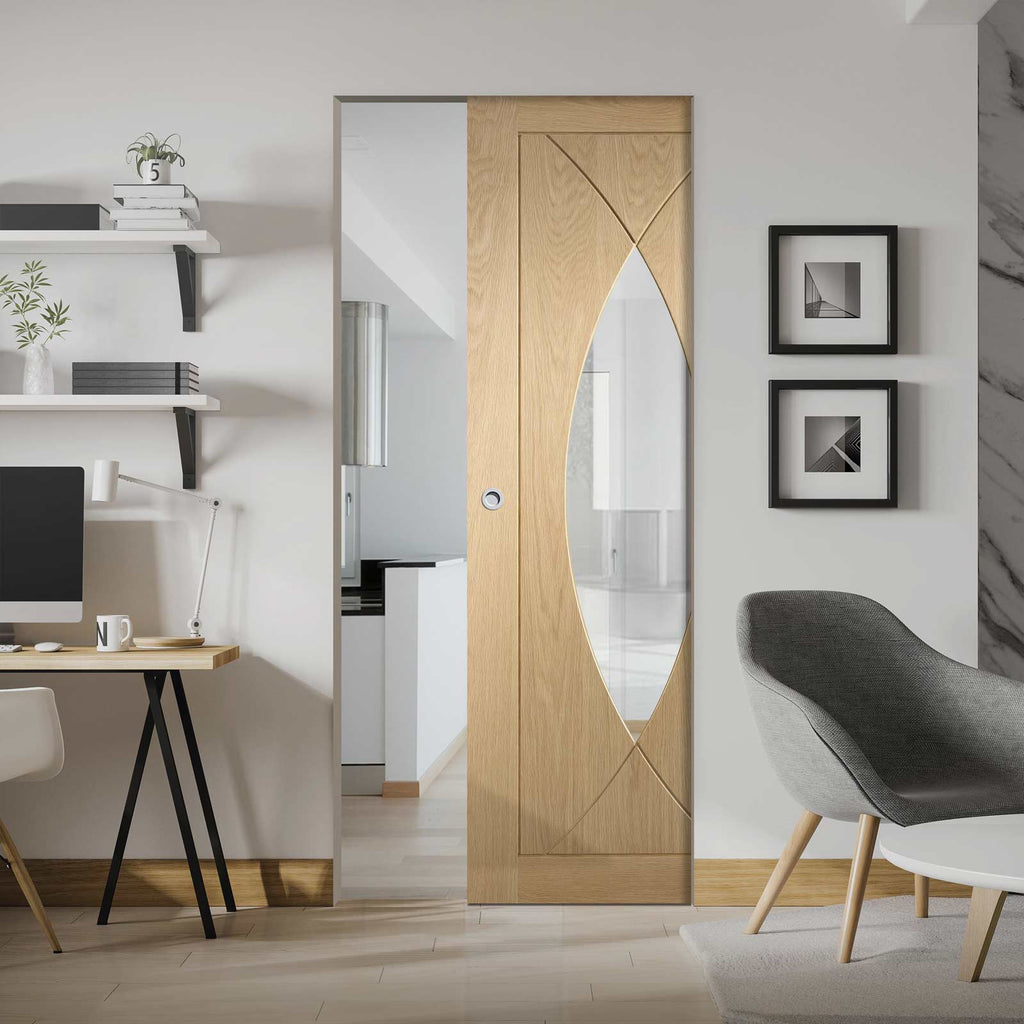 Pesaro Oak Absolute Evokit Pocket Door - Clear Glass - Prefinished