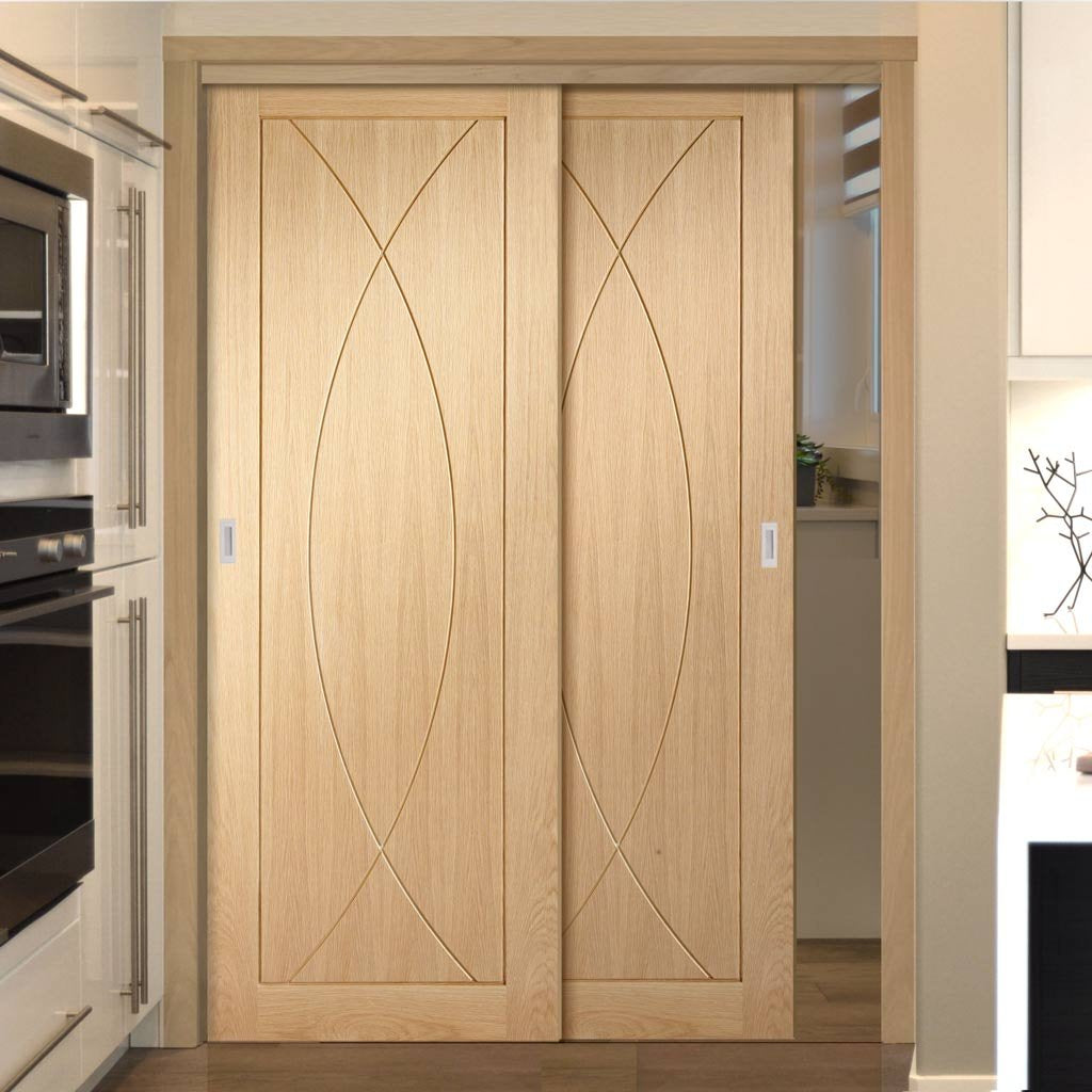 Two Sliding Doors and Frame Kit - Pesaro Oak Flush Door - Unfinished