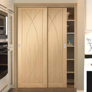 Image: Bespoke Thruslide Pesaro Oak Flush 2 Door Wardrobe and Frame Kit - Prefinished