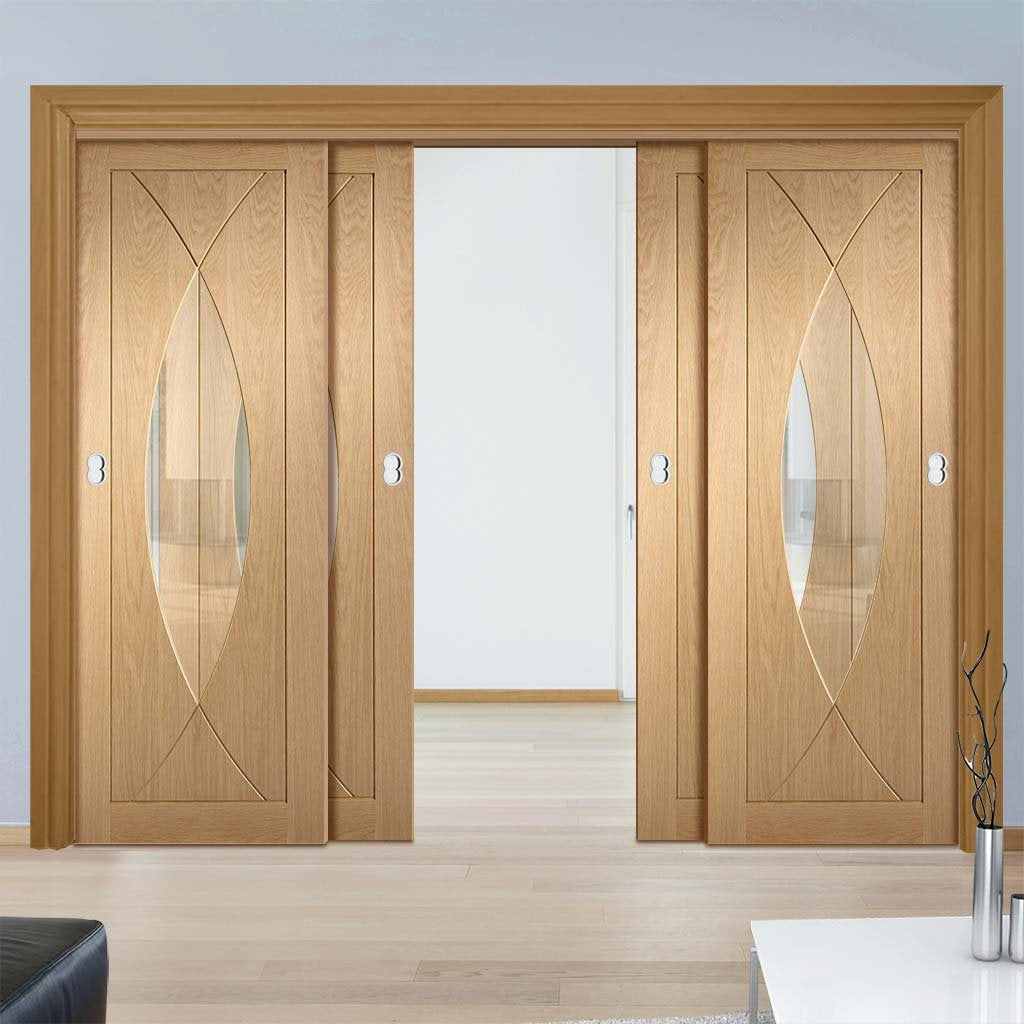 Four Sliding Doors and Frame Kit - Pesaro Oak Door - Clear Glass - Unfinished