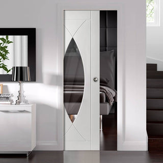 Image: Bespoke Pesaro White Primed Glazed Single Pocket Door