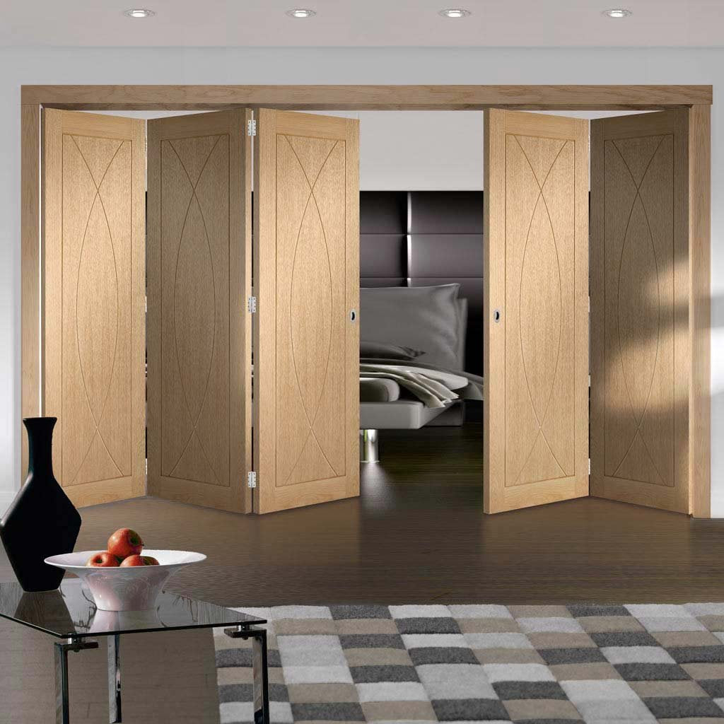 Five Folding Doors & Frame Kit - Pesaro Oak Flush 3+2 - Unfinished