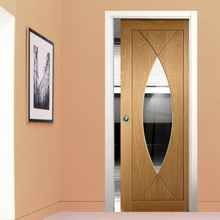 Image: Pesaro Oak Single Evokit Pocket Door - Clear Glass