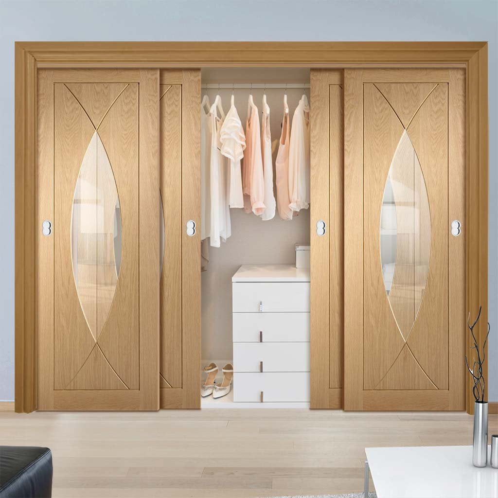 Bespoke Thruslide Pesaro Oak Glazed 4 Door Wardrobe and Frame Kit