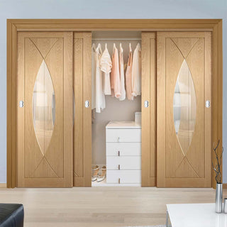Image: Bespoke Thruslide Pesaro Oak Glazed 4 Door Wardrobe and Frame Kit