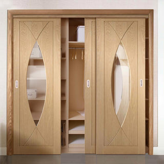 Image: Bespoke Thruslide Pesaro Oak Glazed 3 Door Wardrobe and Frame Kit