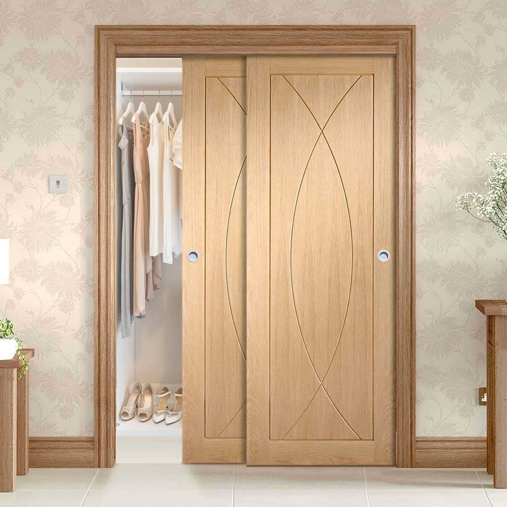 Two Sliding Wardrobe Doors & Frame Kit - Pesaro Oak Flush Door - Unfinished