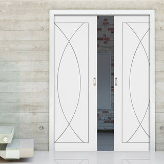 Image: Bespoke Pesaro Flush Double Pocket Door - White Primed