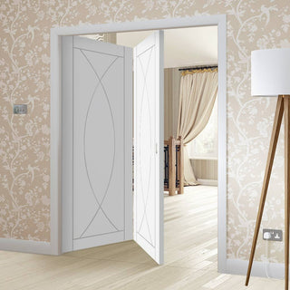 Image: Bespoke Thrufold Pesaro White Primed Flush Folding 2+0 Door