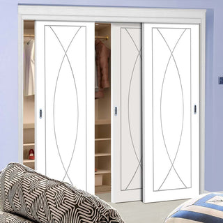 Image: Three Sliding Wardrobe Doors & Frame Kit - Pesaro Flush Door - White Primed