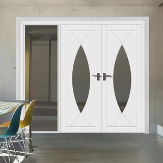 Image: ThruEasi White Room Divider - Pesaro Clear Glass Primed Door Pair with Full Glass Side