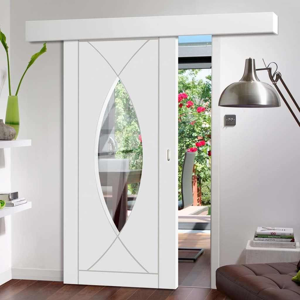 Single Sliding Door & Wall Track - Pesaro Flush Door - Clear Glass - White Primed