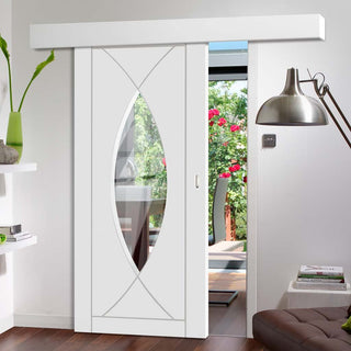 Image: Single Sliding Door & Wall Track - Pesaro Flush Door - Clear Glass - White Primed