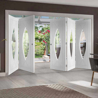 Image: Five Folding Doors & Frame Kit - Pesaro Flush 3+2 - Clear Glass - White Primed