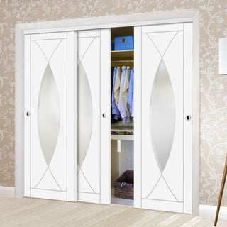 Image: Bespoke Thruslide Pesaro Glazed 3 Door Wardrobe and Frame Kit - White Primed