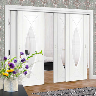 Image: Bespoke Thruslide Pesaro Glazed - 4 Sliding Doors and Frame Kit - White Primed